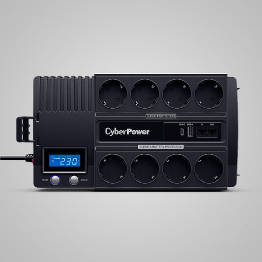 SAI CyberPower BR1000ELCD - 1000VA/600W - Diseño Ladrillo (Regleta) - Cargador USB - 8 Tomas Schuko - Protección Sobretensión