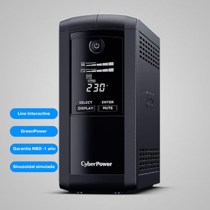 SAI CyberPower VP700ELCD - 700VA/390W - Line-Interactive - Pantalla LCD - 4 Tomas Schuko - Protección PC y Hogar